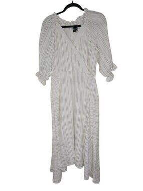 Maison Tara White Striped Midi Dress Ruffle Sleeves Size 10 Wrap Front Design